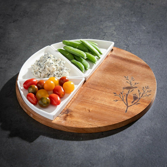 Plow & Hearth VivaStyle Serveware, Wood & Ceramic 3-Dish Server, 12", Set