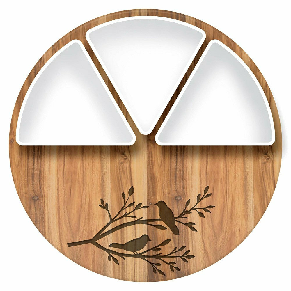 Plow & Hearth VivaStyle Serveware, Wood & Ceramic 3-Dish Server, 12", Set