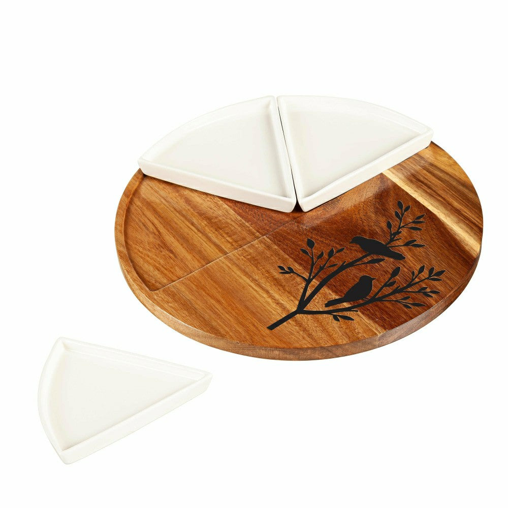 Plow & Hearth VivaStyle Serveware, Wood & Ceramic 3-Dish Server, 12", Set