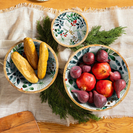 Plow & Hearth VivaStyle Playful Poinsettia Bowl, Wood Bowl Set, Festive Foliage, Set