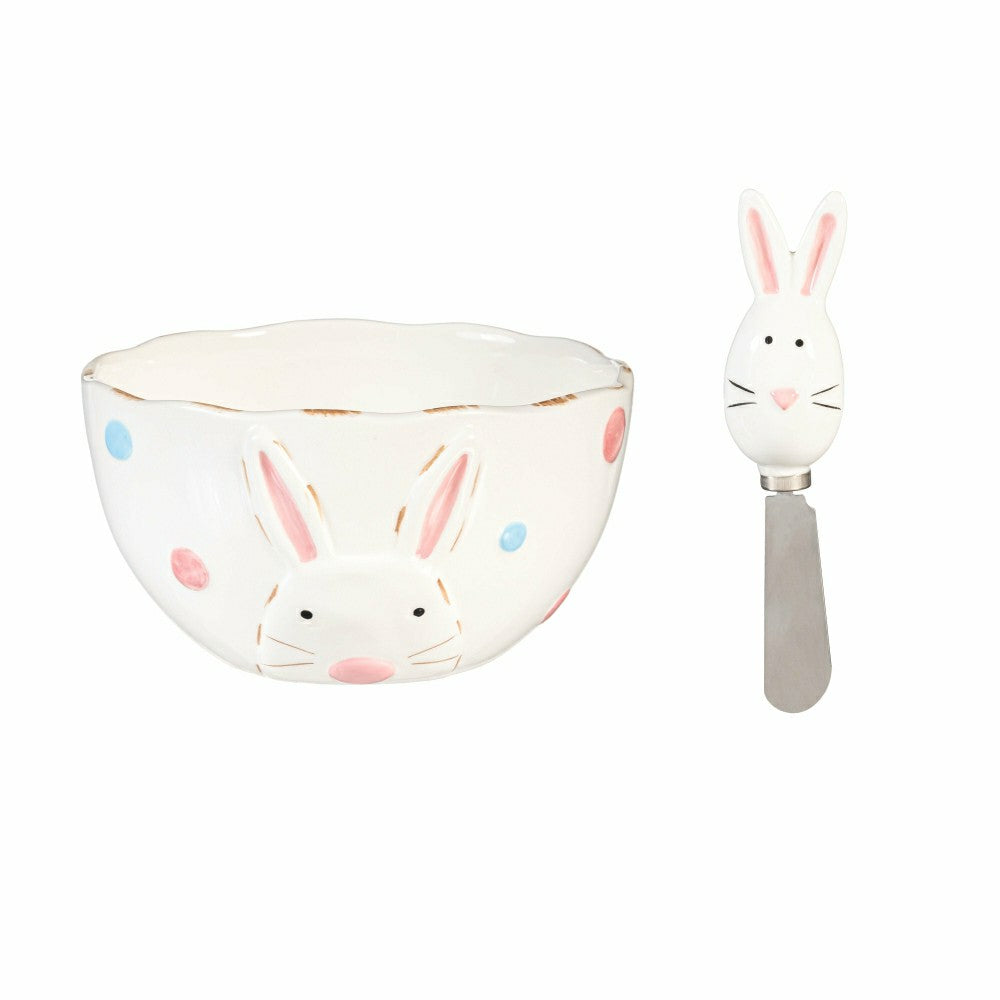 Plow & Hearth Hop Into Spring Serveware Ceramic Bunny Bowl and Spreader, Set of 2