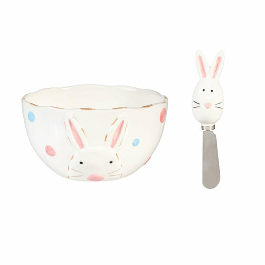 Plow & Hearth Hop Into Spring Serveware Ceramic Bunny Bowl and Spreader, Set of 2