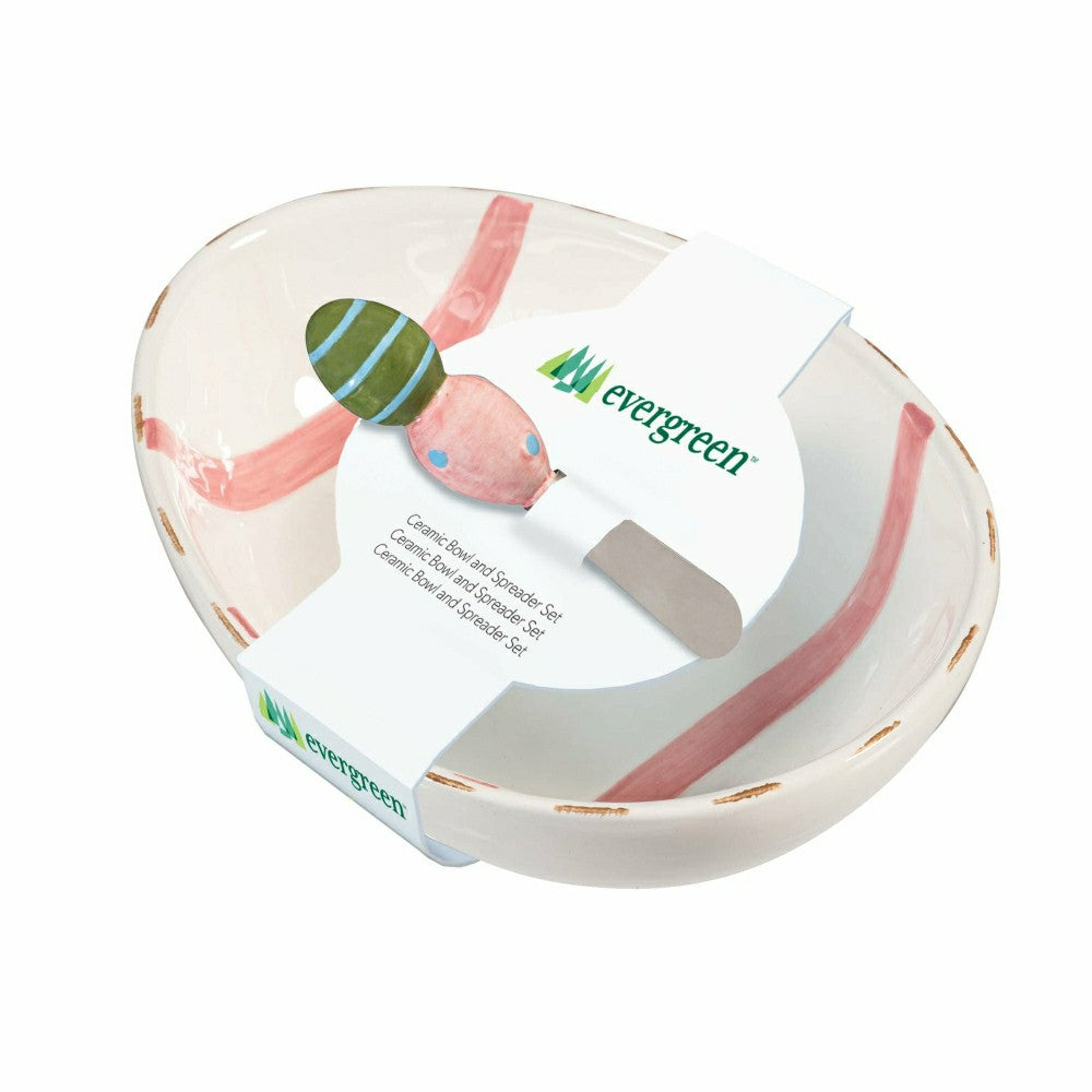 Plow & Hearth Bunny Blooms Serveware Ceramic Easter Egg Bowl and Spreader, Set of 2