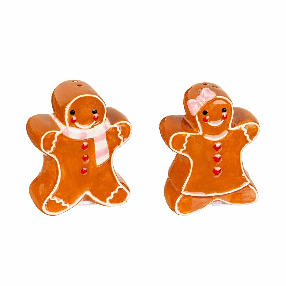 Plow & Hearth Sugar & Stripes Bright Salt and Pepper Shaker Ceramic Gingerbread, Set