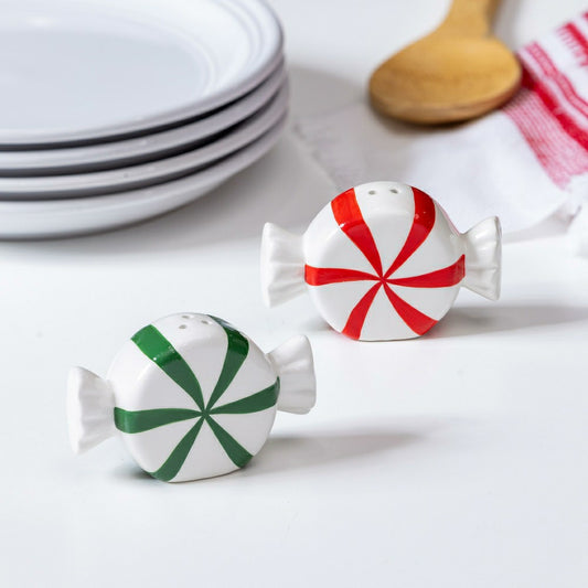 Plow & Hearth Sugar & Stripes Bright Salt & Pepper Shakers Ceramic Peppermint Candy,