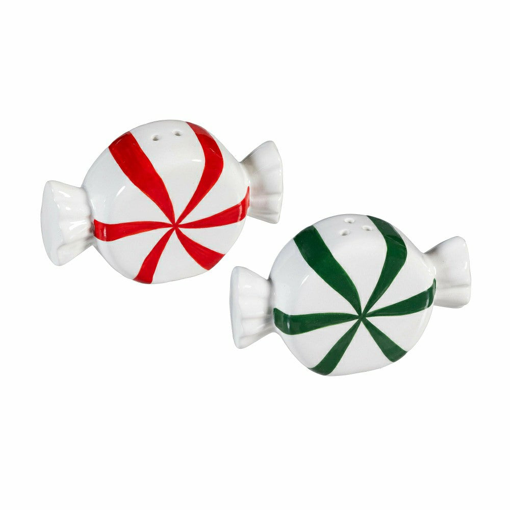 Plow & Hearth Sugar & Stripes Bright Salt & Pepper Shakers Ceramic Peppermint Candy,