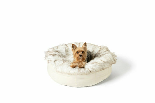 Plow & Hearth PupPouf™ Faux Fur Donut Dog Bed - White with Brown Accents