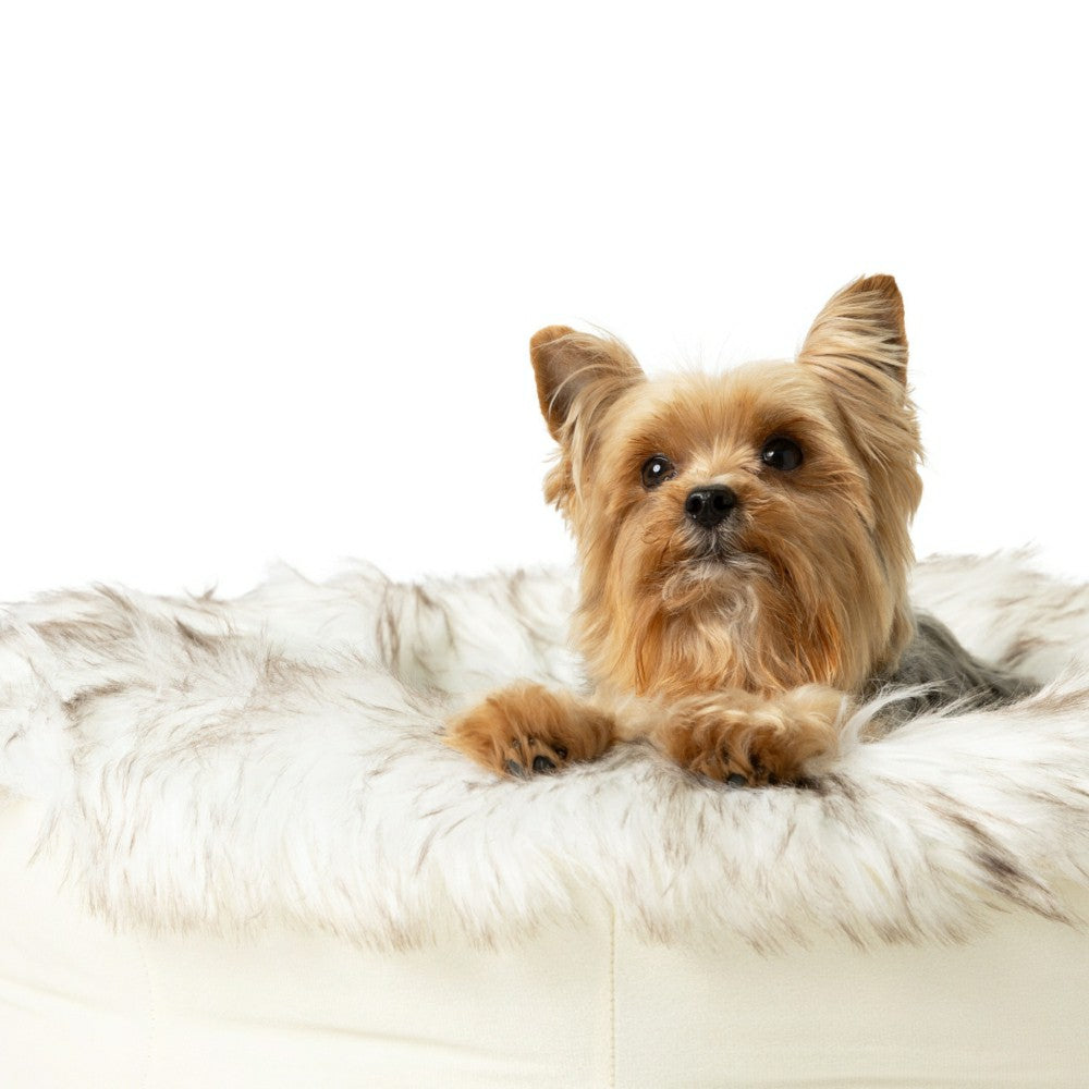 Plow & Hearth PupPouf™ Faux Fur Donut Dog Bed - White with Brown Accents