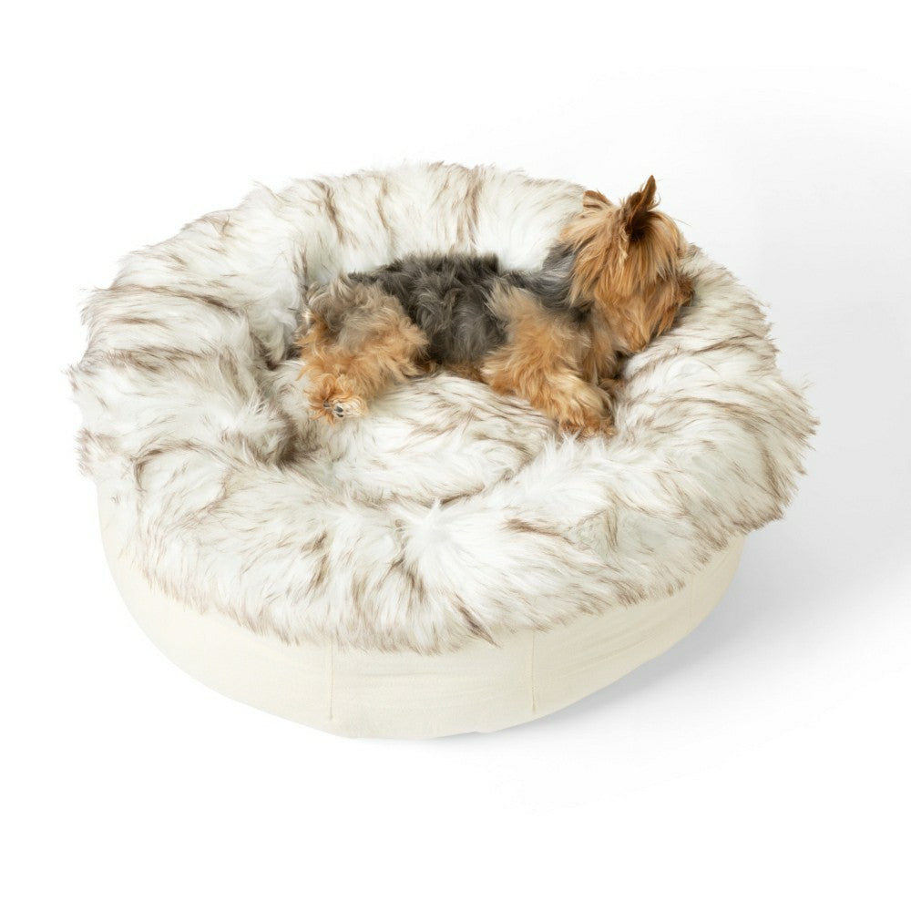 Plow & Hearth PupPouf™ Faux Fur Donut Dog Bed - White with Brown Accents
