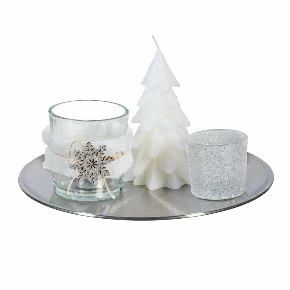 Plow & Hearth Season to Sparkle Candle, White Winter Candle and Accessories Table, S