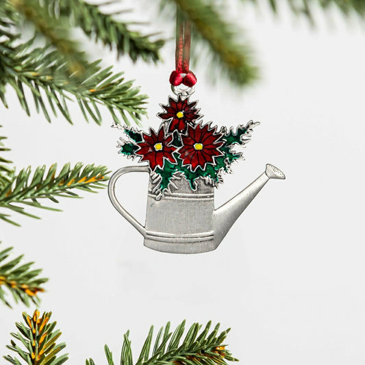 Plow & Hearth Poinsettia Watering Can Solid Pewter Ornament, 2.5"L
