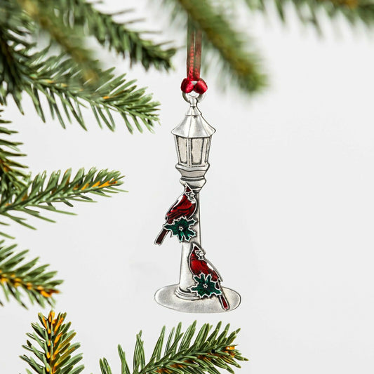 Plow & Hearth Joyful Traditions Ornament Solid Pewter Lamp Post with Cardinals, 3.5"
