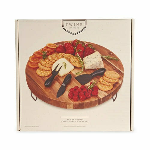 Plow & Hearth Acacia Footed Cheese Board & Knife Set