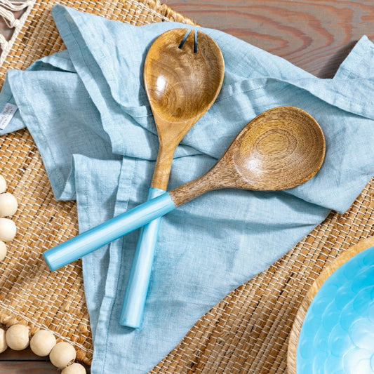 Plow & Hearth Blue Coastal Serving Utensil Wood with Scalloped Enamel Salad Servers, Set of 2