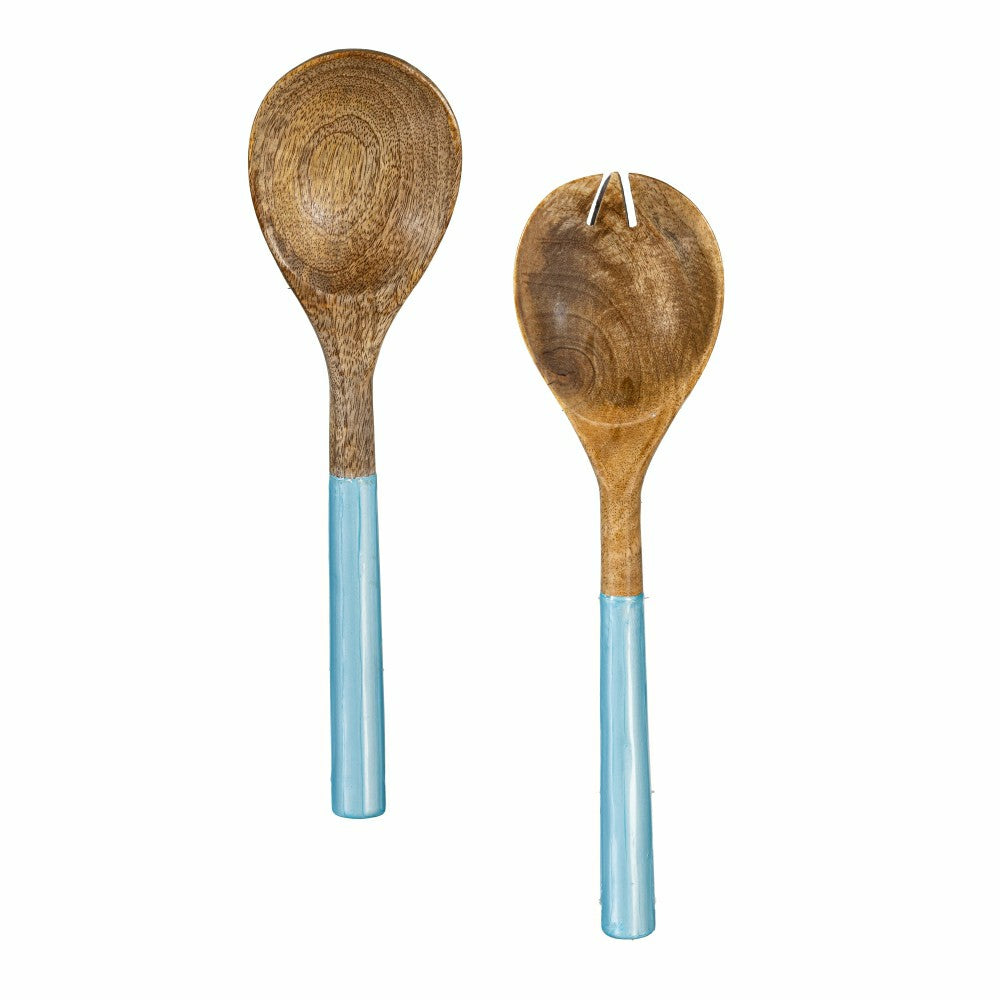 Plow & Hearth Blue Coastal Serving Utensil Wood with Scalloped Enamel Salad Servers, Set of 2