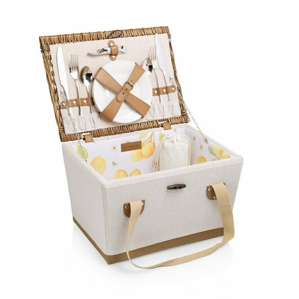 Plow & Hearth Lemongrove Picnic Basket for 2 - Bees & Lemons