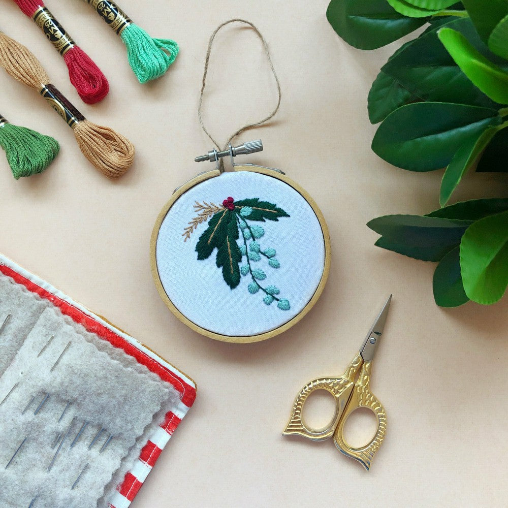 Plow & Hearth Winter Botanicals Ornament- Mini Embroidery Kit for Beginners
