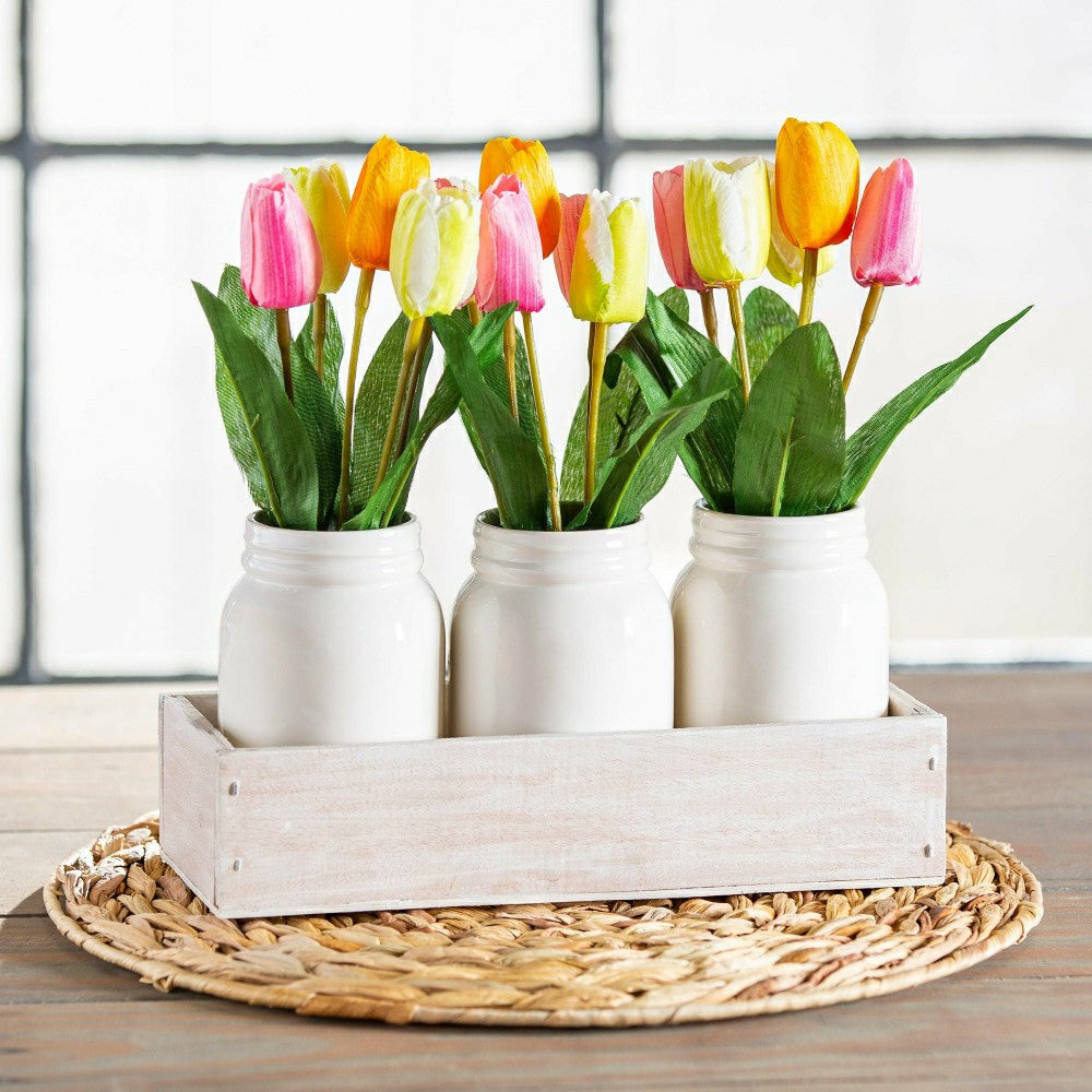 Plow & Hearth Bunny Blooms Faux Floral Table Decor Artificial Tulips in Ceramic Jars