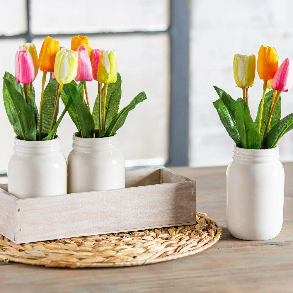 Plow & Hearth Bunny Blooms Faux Floral Table Decor Artificial Tulips in Ceramic Jars