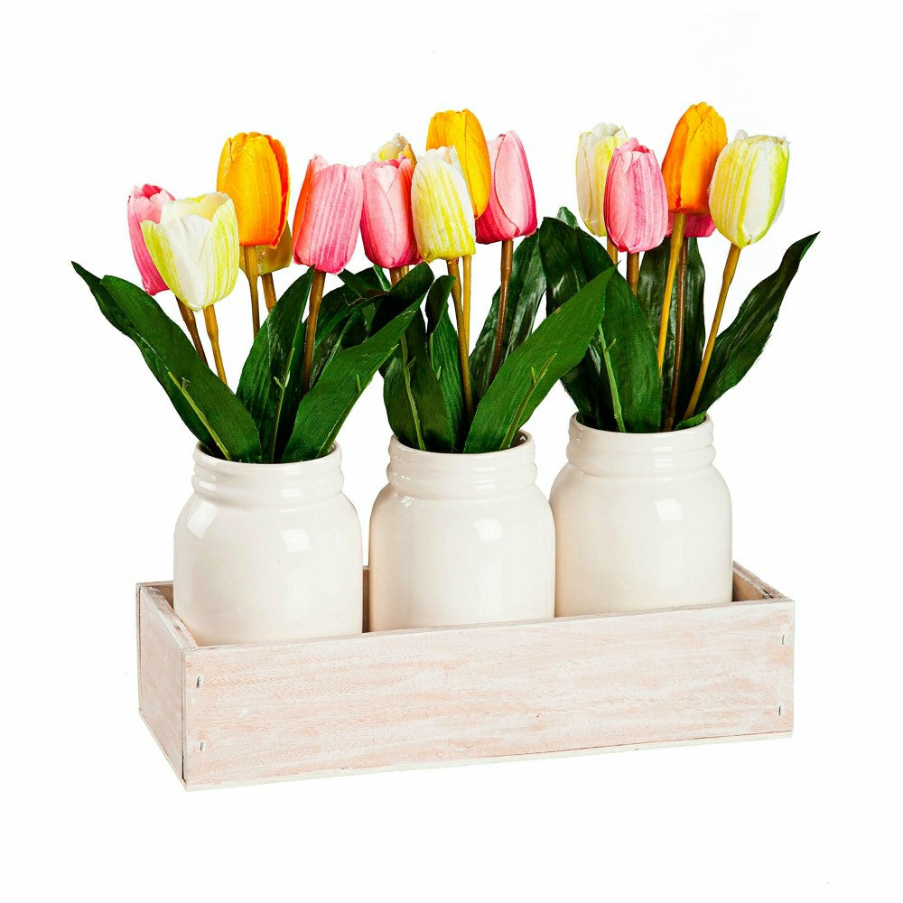 Plow & Hearth Bunny Blooms Faux Floral Table Decor Artificial Tulips in Ceramic Jars