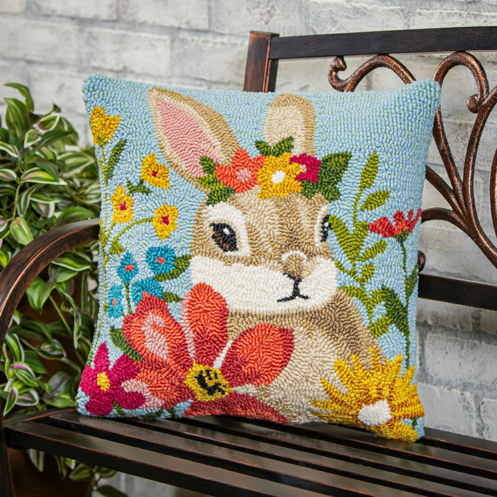 Plow & Hearth Bunny Blooms Floral Indoor/Outdoor Hooked Pillow 18"x18"