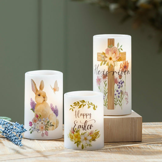 Plow & Hearth Hop Into Spring LED Table Decor Wax Candle Easter, Set of 3, Gift Box