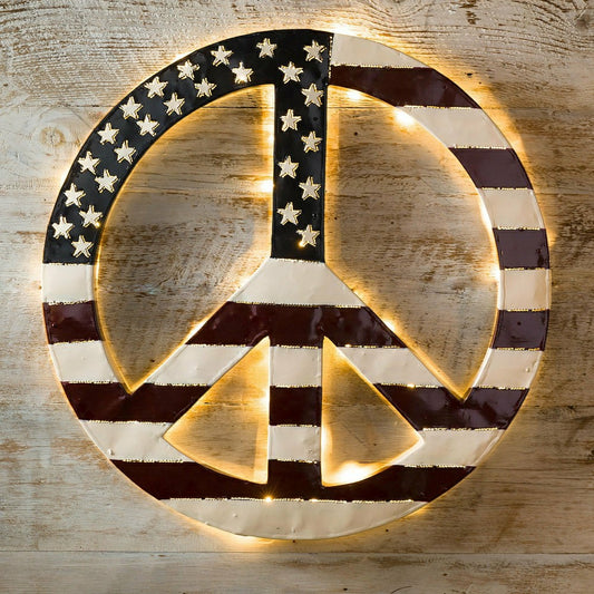 Plow & Hearth Indoor/Outdoor Lighted Americana Flag Peace Sign Wall Art