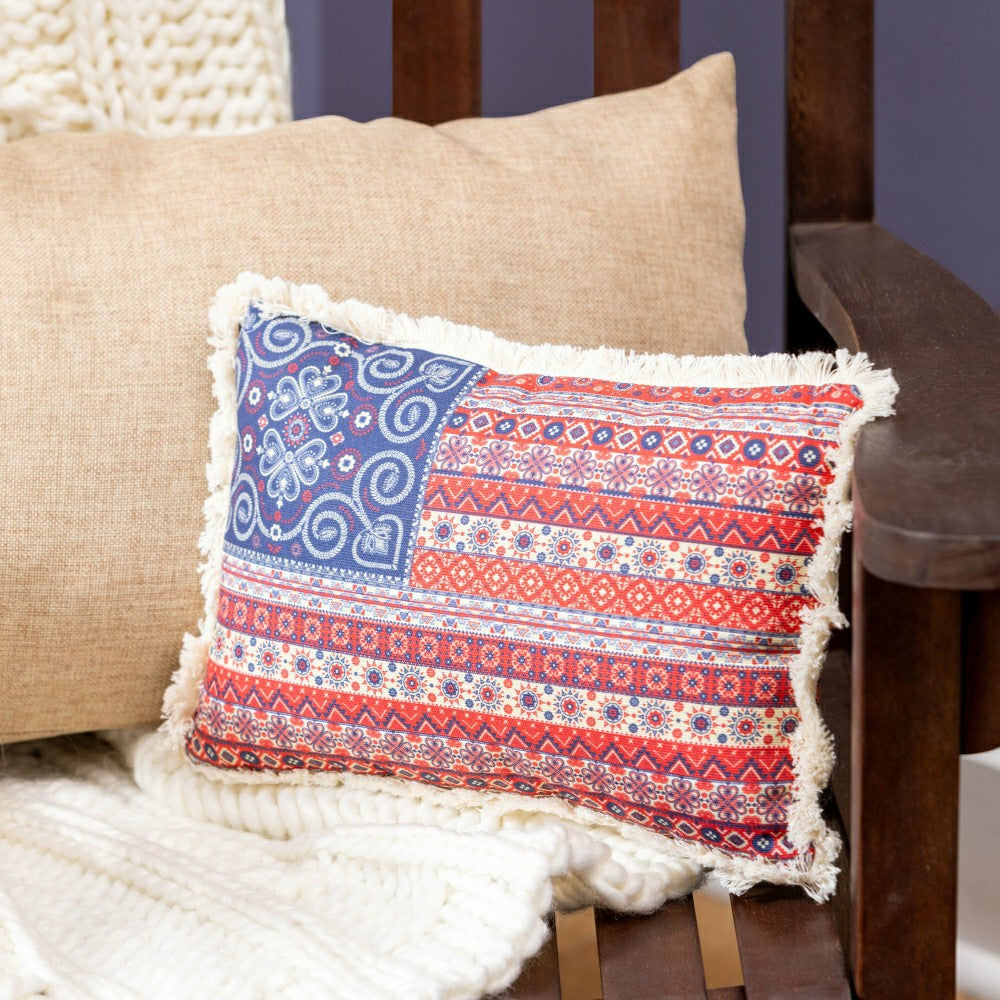 Plow & Hearth Boho Americana Flag Frayed Edge Travel Pillow