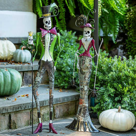 Plow & Hearth Metal Halloween Skeleton Statues, Set of 2