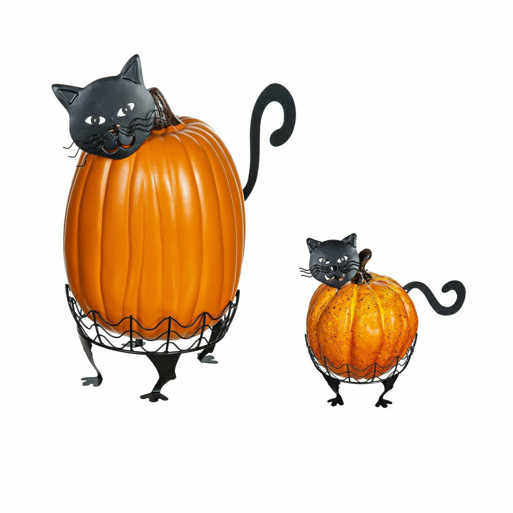 Plow & Hearth Set Of 2 Cat Pumpkin Holders With LED Eyes