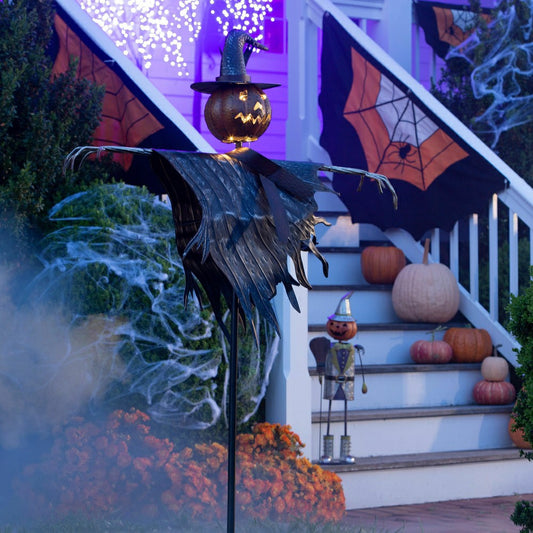 Plow & Hearth Halloween Solar Scarecrow Jack O' Lantern Metal Ground Stake