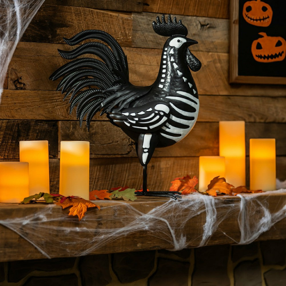Plow & Hearth Halloween Metal Rooster Skeleton Garden Statue