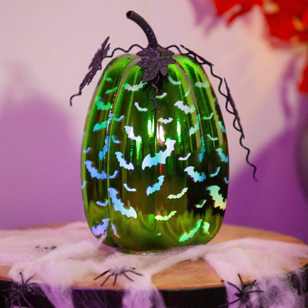 Plow & Hearth Mercury Glass Lighted Green Pumpkin with Bats
