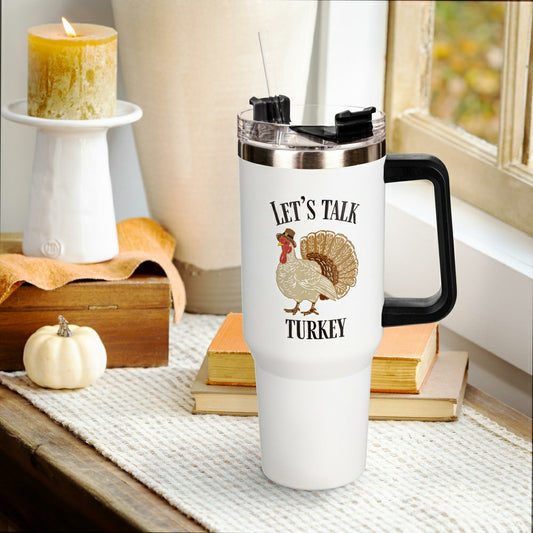 Plow & Hearth Let's Talk Turkey Canyon Cup, Double Wall Stainless Steel w/ Straw, 40
