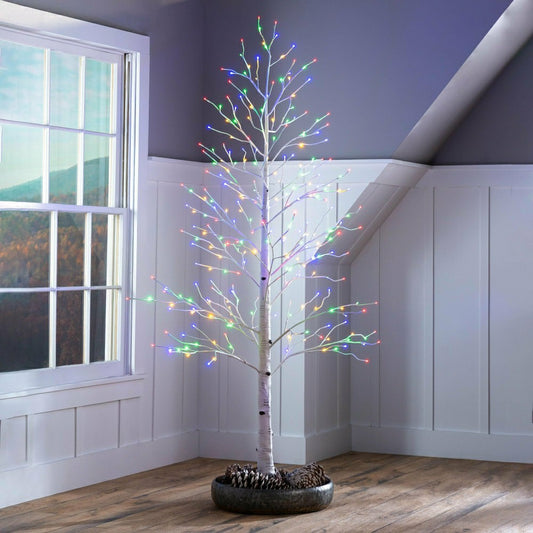 Plow & Hearth Large 7'H Indoor/Outdoor Birch Tree with 280 Warm White and Multicolor
