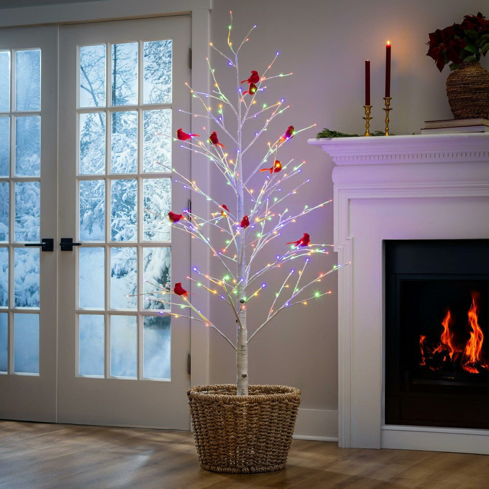 Plow & Hearth Snowbirds Tree Cardinal Birch with Cardinals Indoor/Outdoor LED Tree,