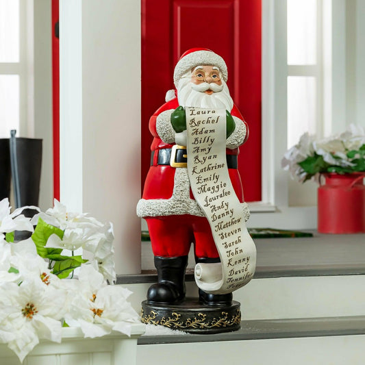 Plow & Hearth Holiday Poinsettia Garden Statue, Resin Statue, Santa with List, 32"H