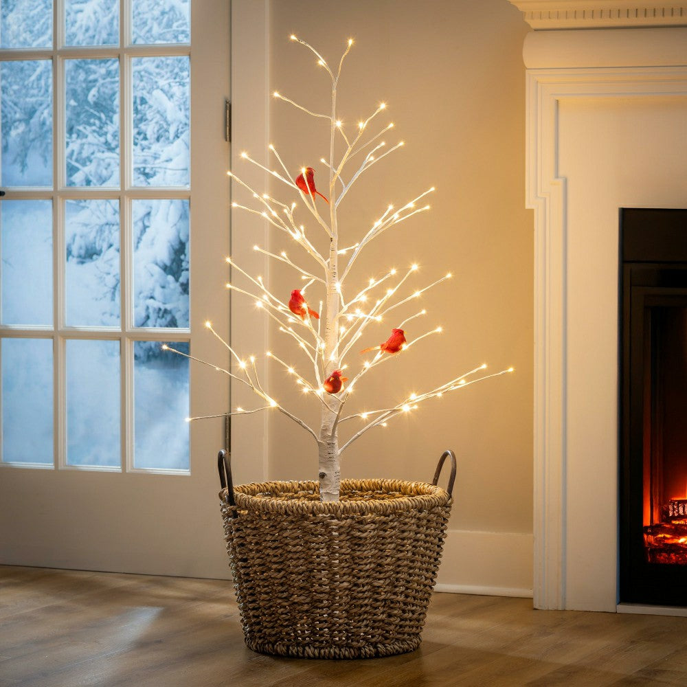 Plow & Hearth Snowbirds Tree Cardinal Birch with Cardinals Indoor/Outdoor LED Tree,