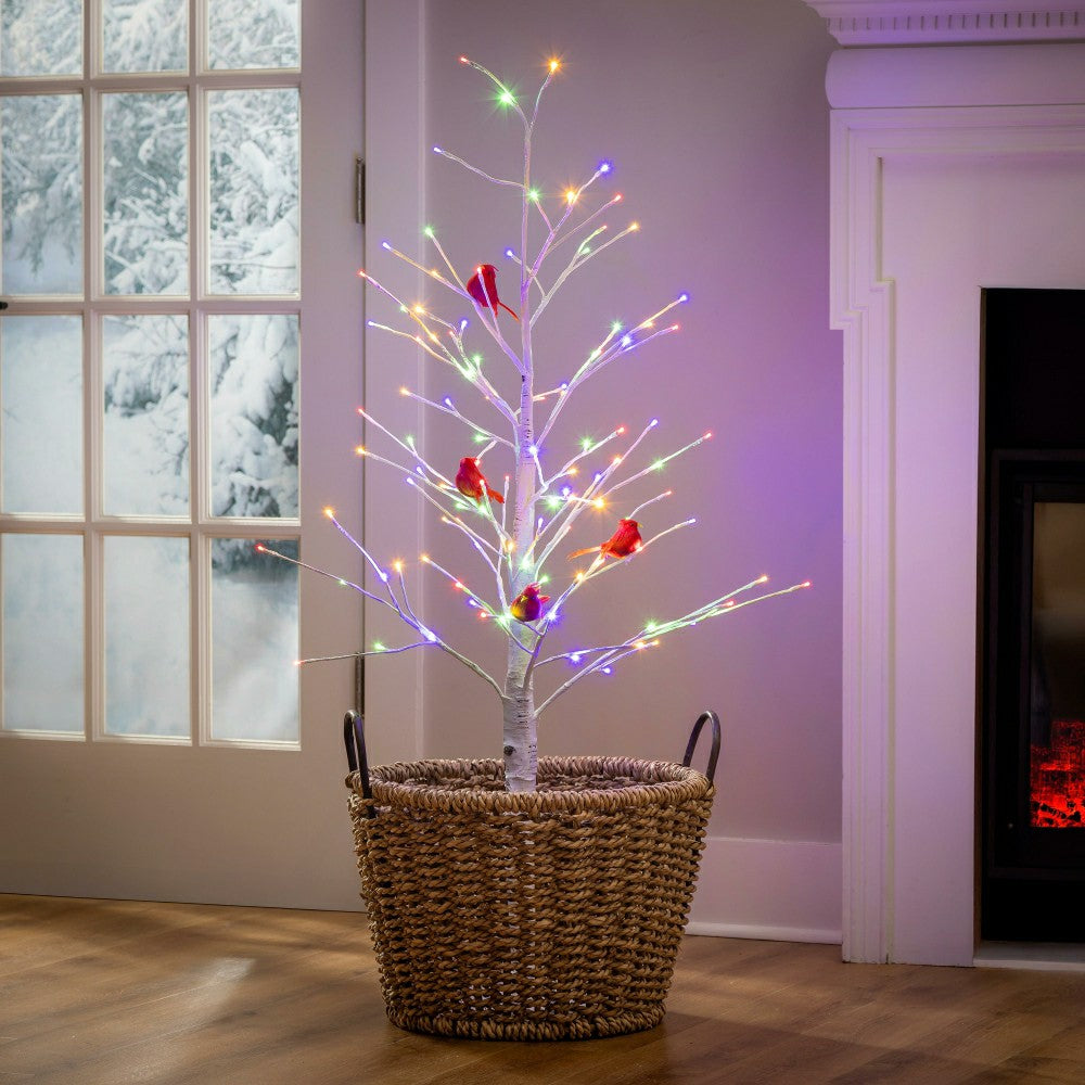 Plow & Hearth Snowbirds Tree Cardinal Birch with Cardinals Indoor/Outdoor LED Tree,