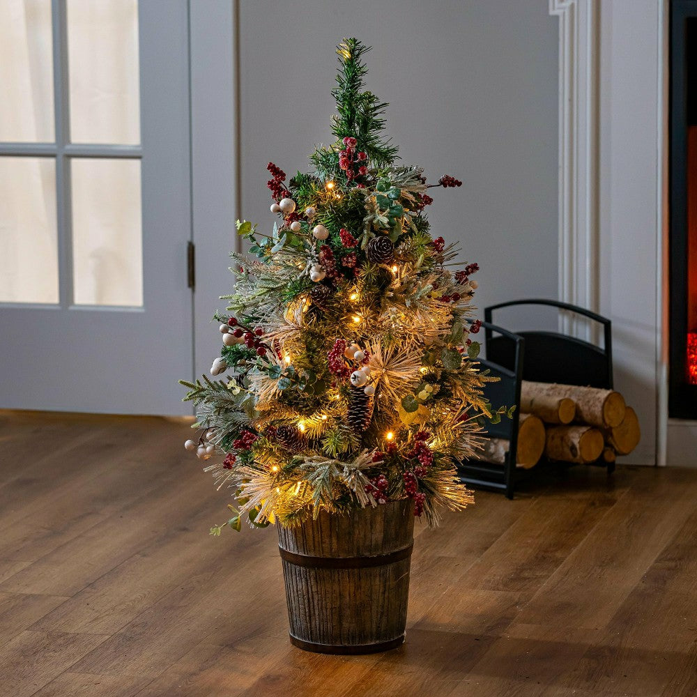 Plow & Hearth Winter Grove Tree Artificial LED Wood Potted Frosted Holly Berry, 32"H
