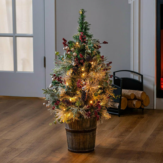 Plow & Hearth Winter Grove Tree Artificial LED Wood Potted Frosted Holly Berry, 32"H