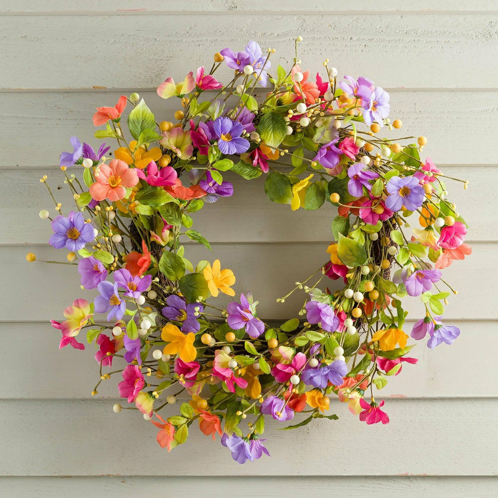 Plow & Hearth 21" Floral Watercolor Wreath with Faux Pansies and Violets