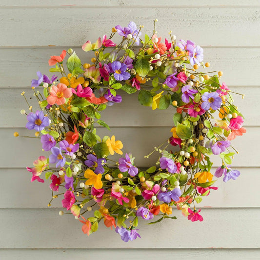 Plow & Hearth 21" Floral Watercolor Wreath with Faux Pansies and Violets