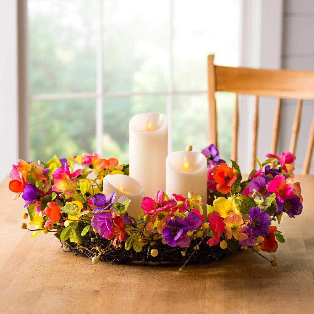 Plow & Hearth 21" Floral Watercolor Wreath with Faux Pansies and Violets