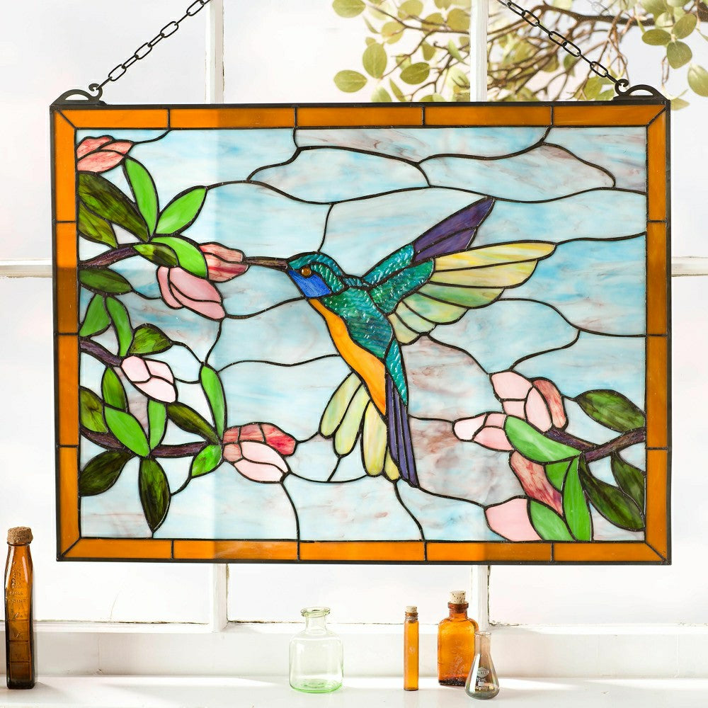 Plow & Hearth Stained Glass Hummingbird Art Panel with Metal Frame and Chain