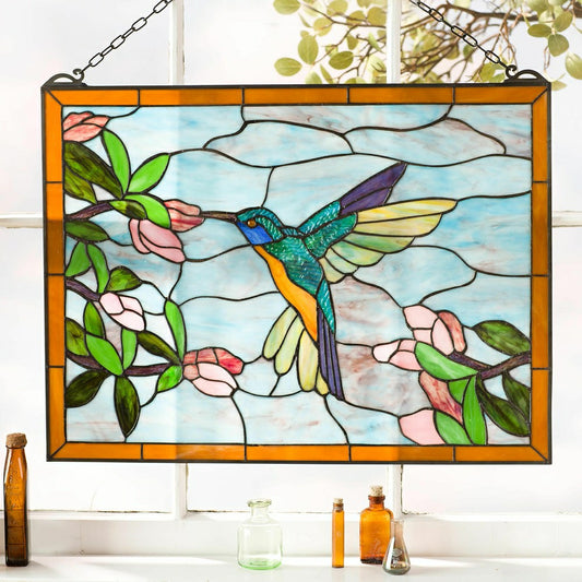 Plow & Hearth Stained Glass Hummingbird Art Panel with Metal Frame and Chain