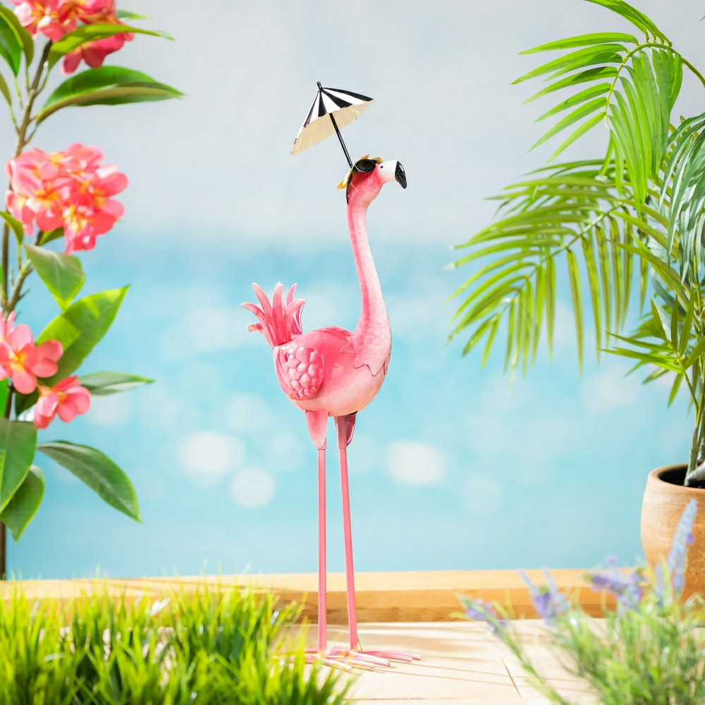 Plow & Hearth Palm Beach Garden Statue, Metal Umbrella Flamingo Statue, 25"H