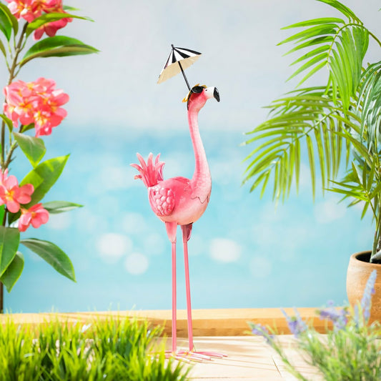 Plow & Hearth Palm Beach Garden Statue, Metal Umbrella Flamingo Statue, 25"H