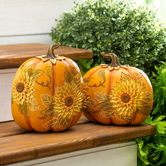 Plow & Hearth Decorative Indoor/Outdoor Pumpkins With Carved-Wood Look, Set of 2
