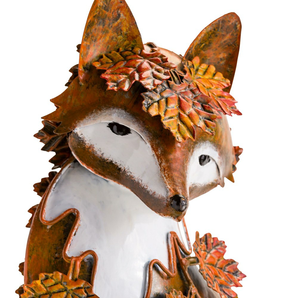 Plow & Hearth Handcrafted Metal Fox Sculpture Draped in Fall Leaves